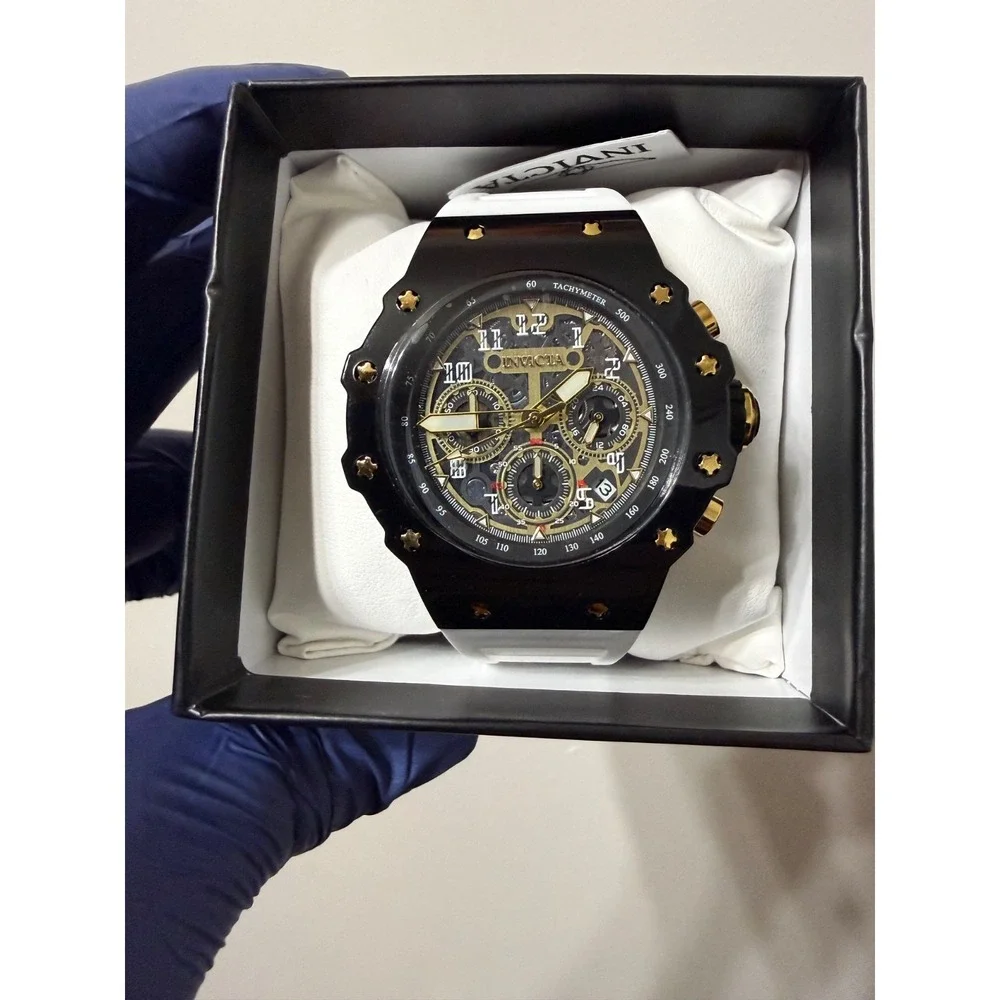 Invicta Racing Vaulthan Men's Chronograph Black Gold Dial White Band New In Box